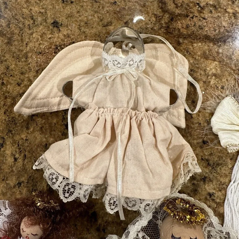 Vintage Angel‎ Christmas Ornaments Lace Crochet Wooden Gold Set Of 4